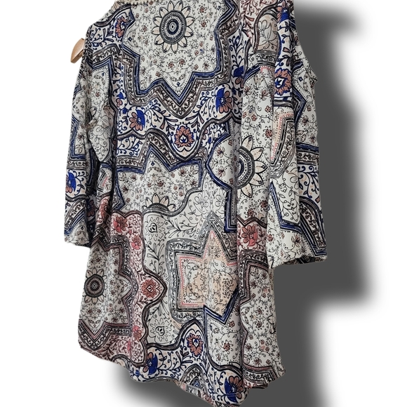 🌿AUW Womens Small Drop Sleeve Multi Print Top with Tassel Ties-So cute! - Picture 9 of 12